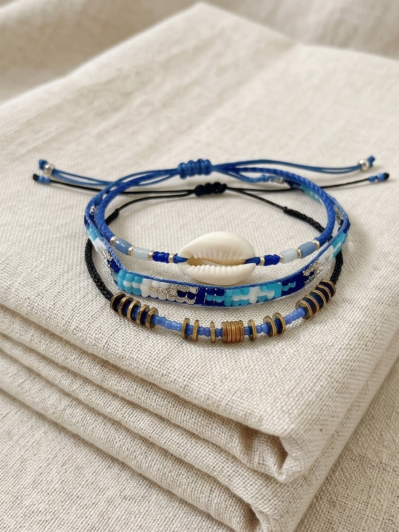 Blue braided three-piece bracelet set with adjustable pull cords | BRA504-01 | image 5