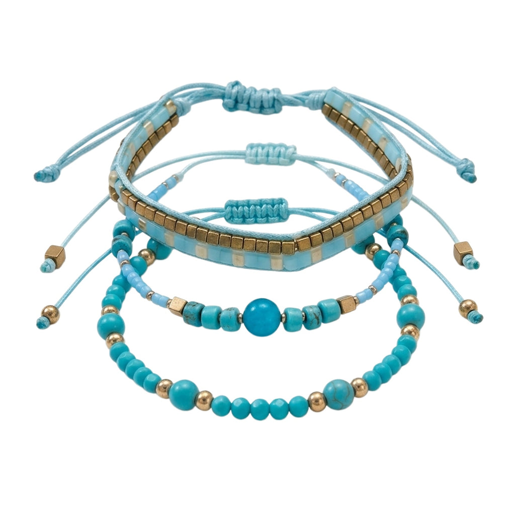 Teal braided three-piece bracelet set with adjustable pull cords | BRA513-01 | image 1