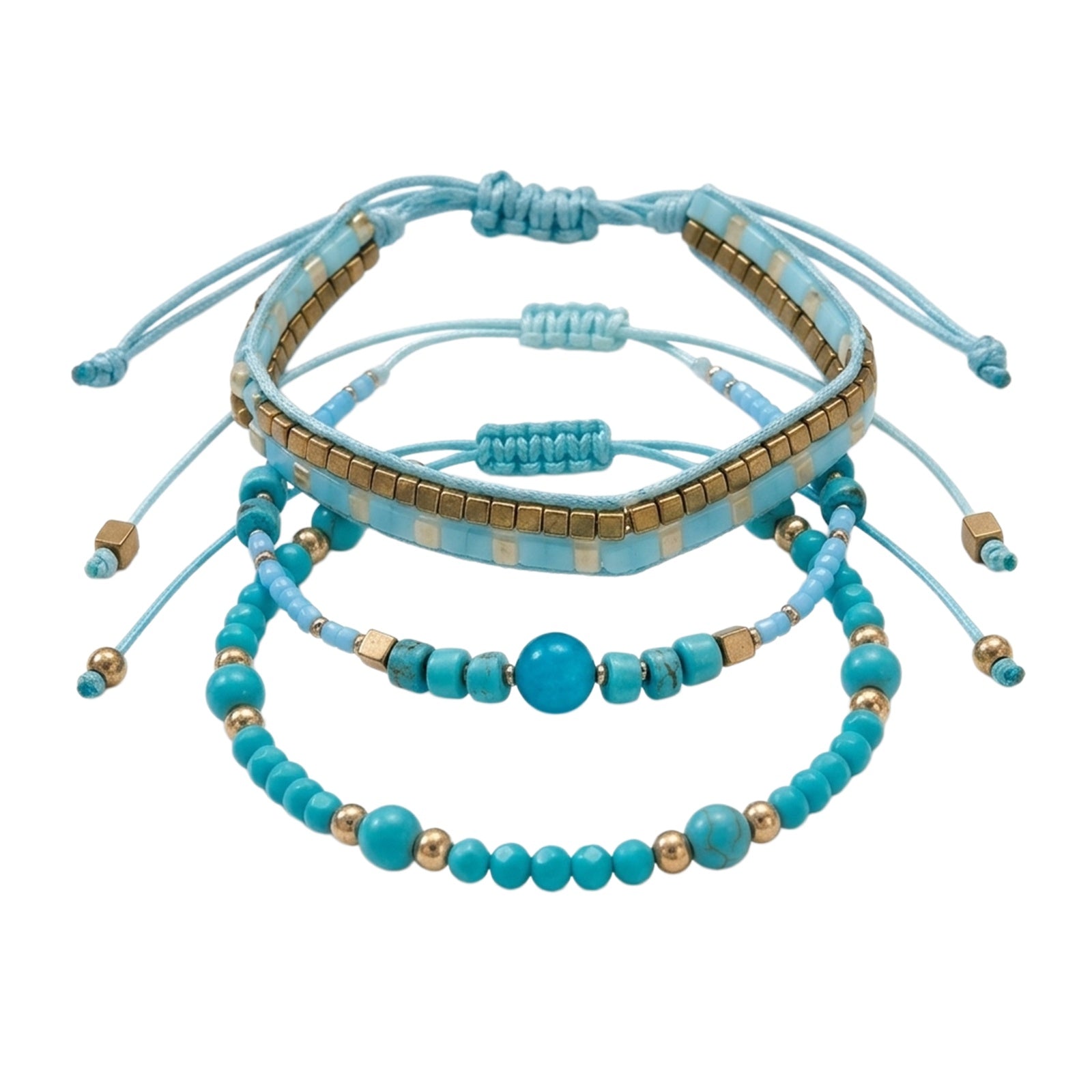 Teal braided three-piece bracelet set with adjustable pull cords | BRA513-01 | image 1