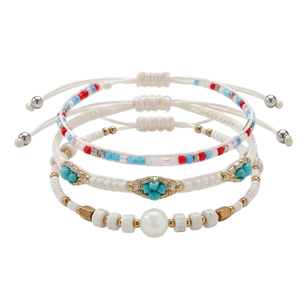 White braided three-piece bracelet set with adjustable pull cords | BRA518-01 | image 1