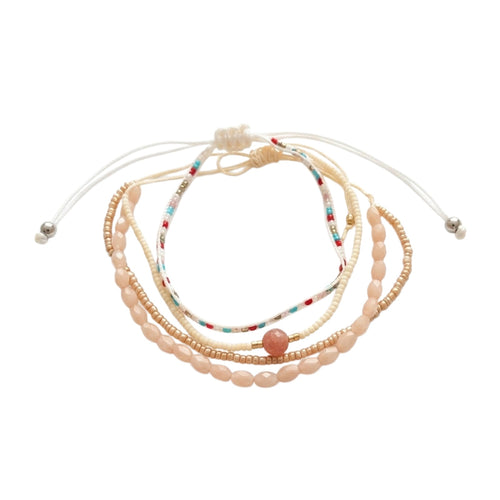 Beige braided three-piece bracelet set with adjustable pull cords | BRA558-01 | image 1