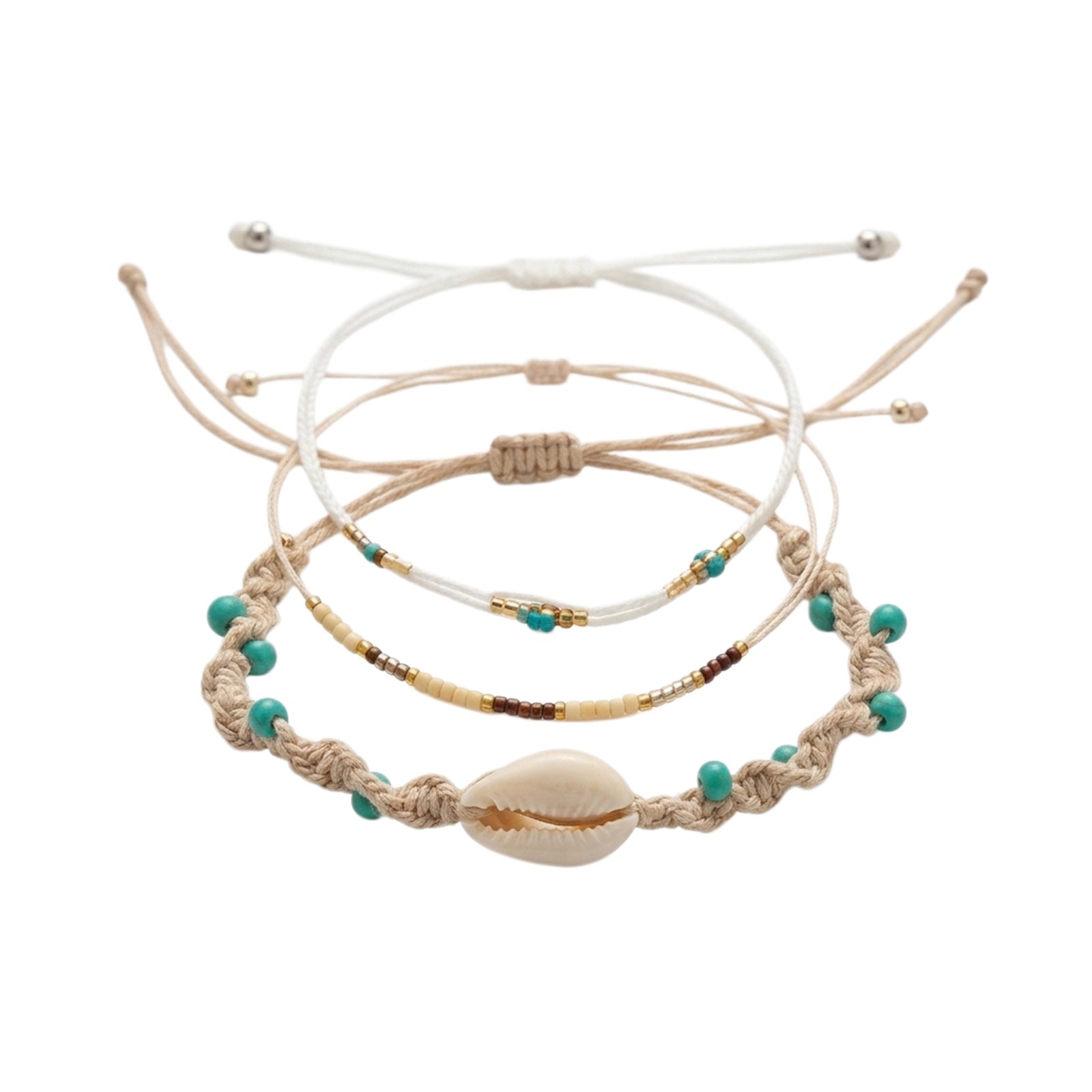 White braided three-piece bracelet set with adjustable pull cords | BRA559-01 | image 1