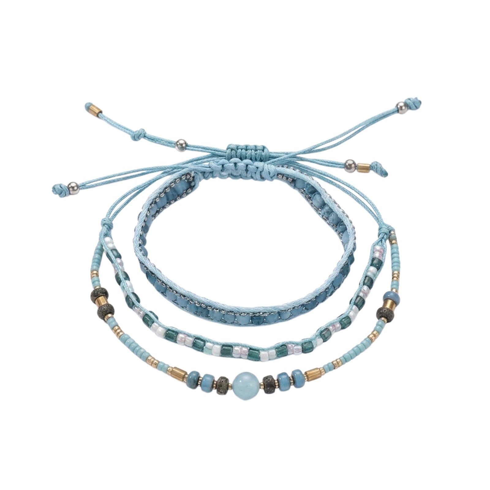 Blue braided three-piece bracelet set with adjustable pull cords | BRA567-01 | image 1