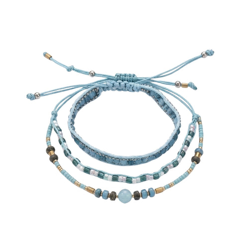 Blue braided three-piece bracelet set with adjustable pull cords | BRA567-01 | image 1