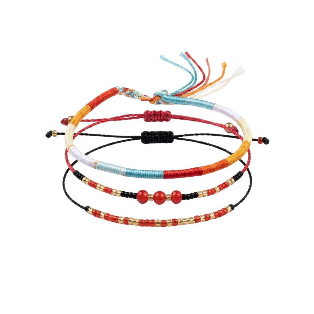 Red braided three-piece bracelet set with adjustable pull cords | BRA575-01 | image 1