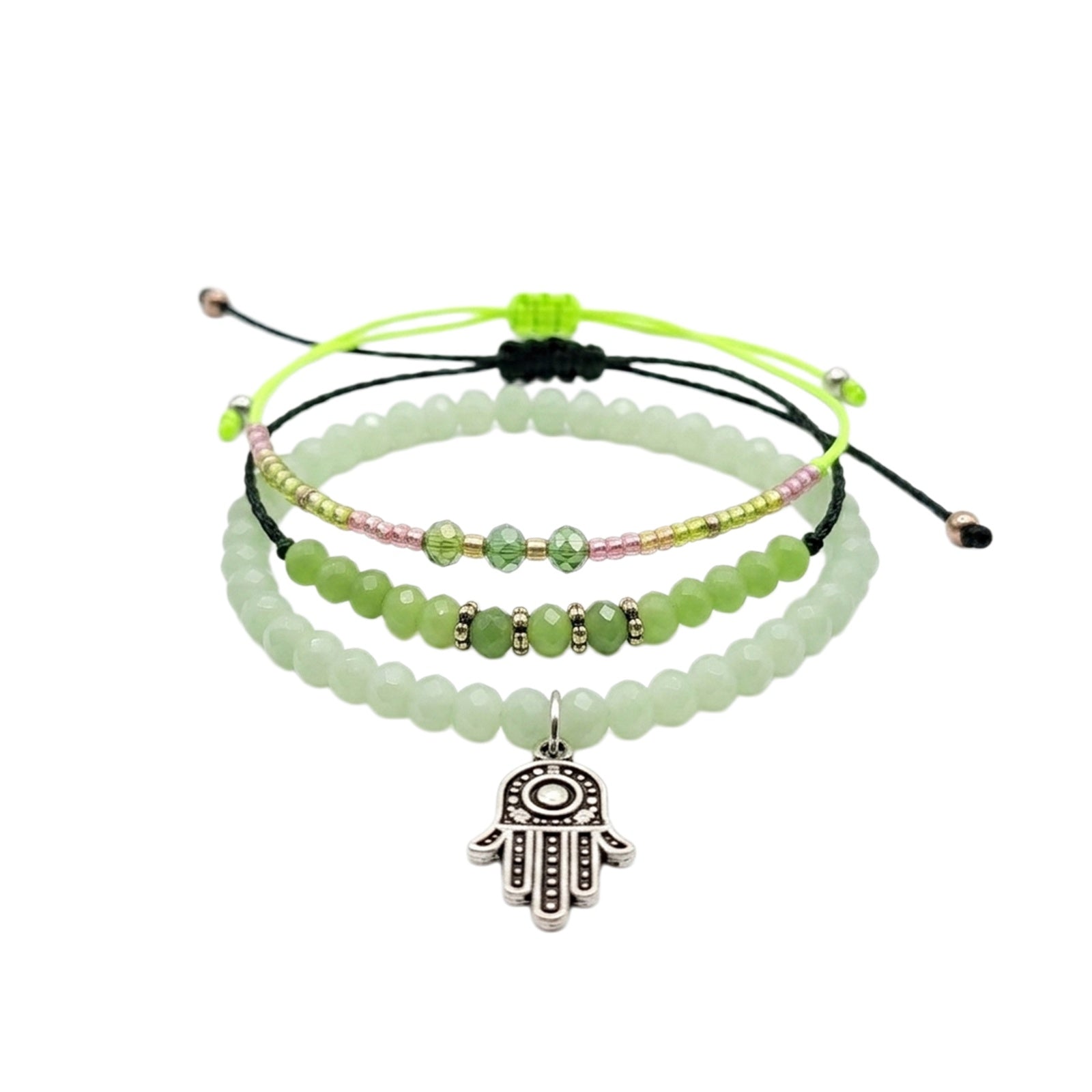 Green braided three-piece bracelet set with adjustable pull cords | BRA579-01 | image 1