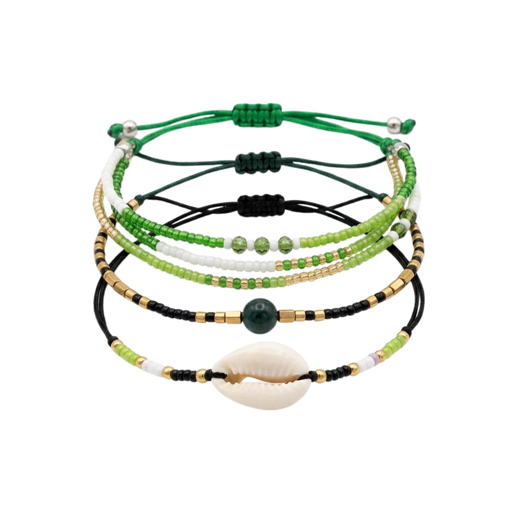 Green braided three-piece bracelet set with adjustable pull cords | BRA580-01 | image 1