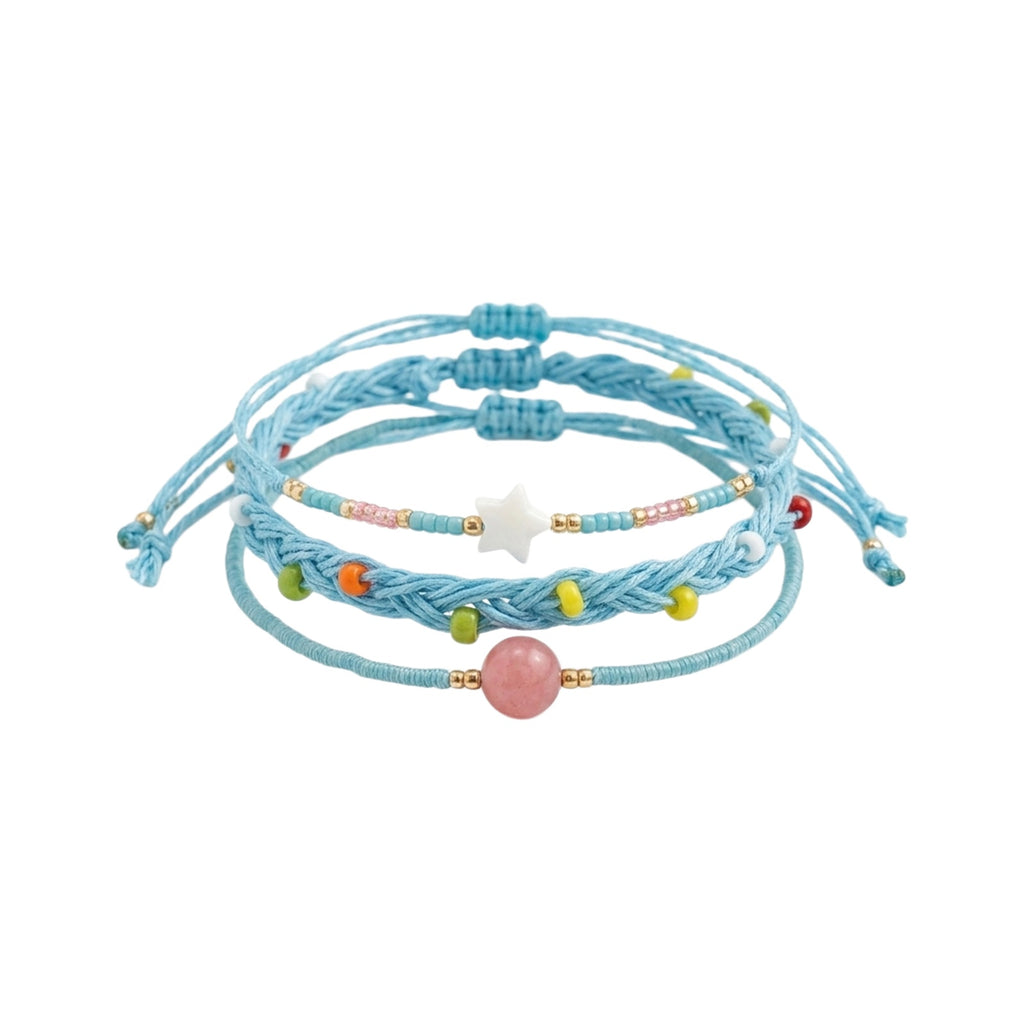Blue braided three-piece bracelet set with adjustable pull cords | BRA582-01 | image 1
