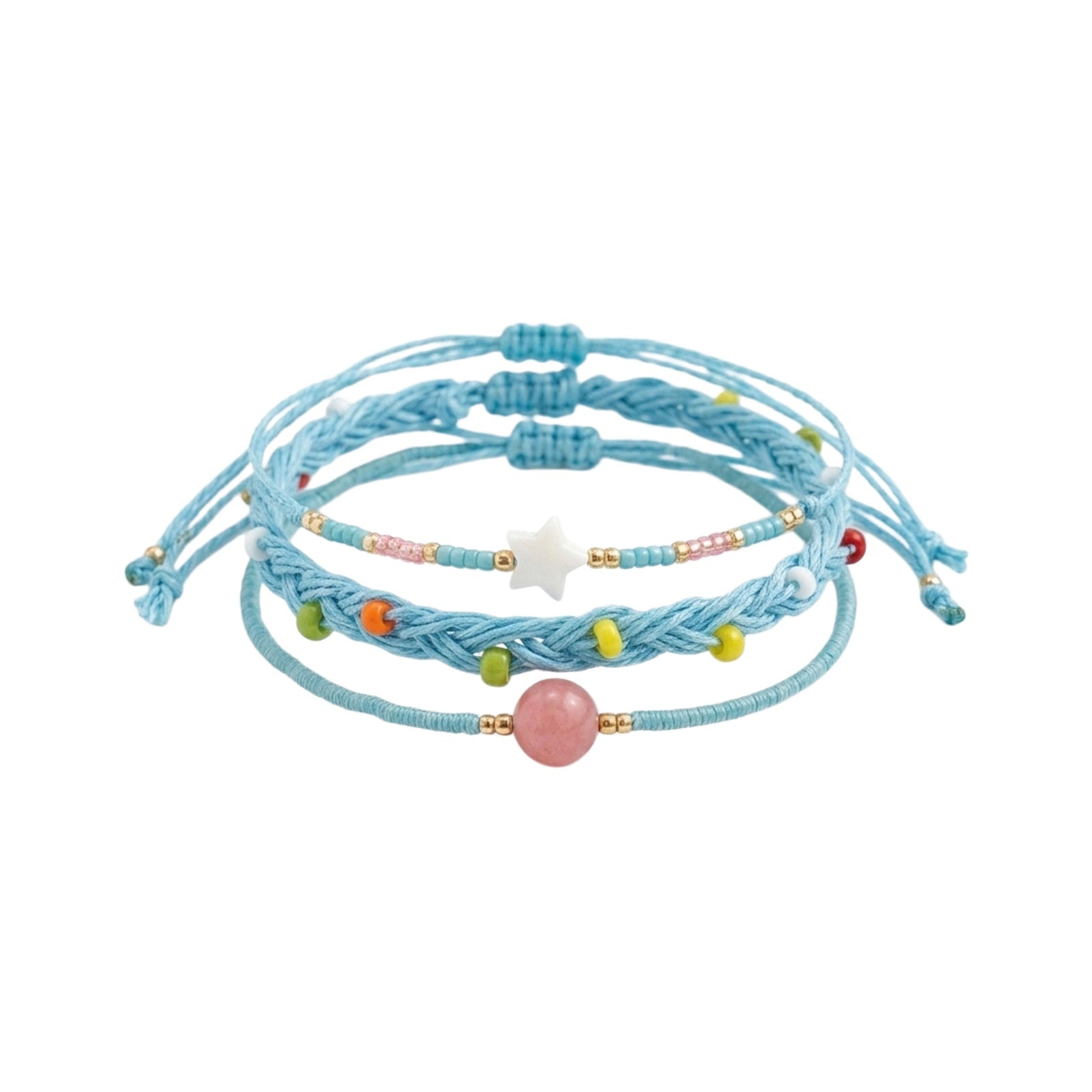 Blue braided three-piece bracelet set with adjustable pull cords | BRA582-01 | image 1