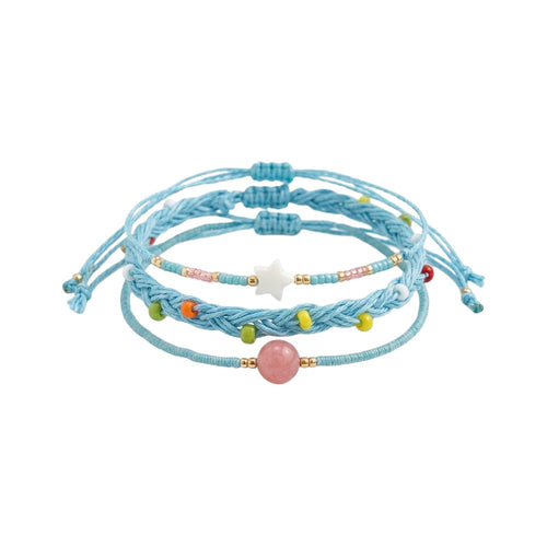 Blue braided three-piece bracelet set with adjustable pull cords | BRA582-01 | image 1