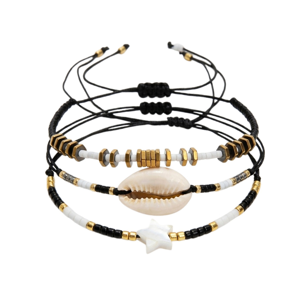 Black braided three-piece bracelet set with adjustable pull cords | BRA584-01 | image 1