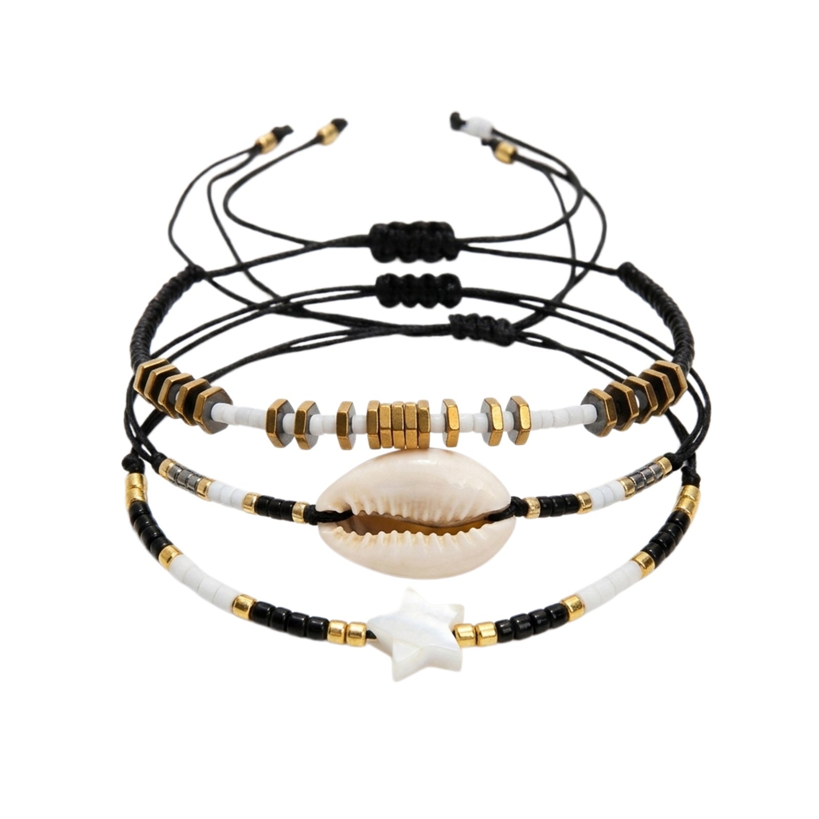 Black braided three-piece bracelet set with adjustable pull cords | BRA584-01 | image 1