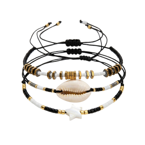 Black braided three-piece bracelet set with adjustable pull cords | BRA584-01 | image 1
