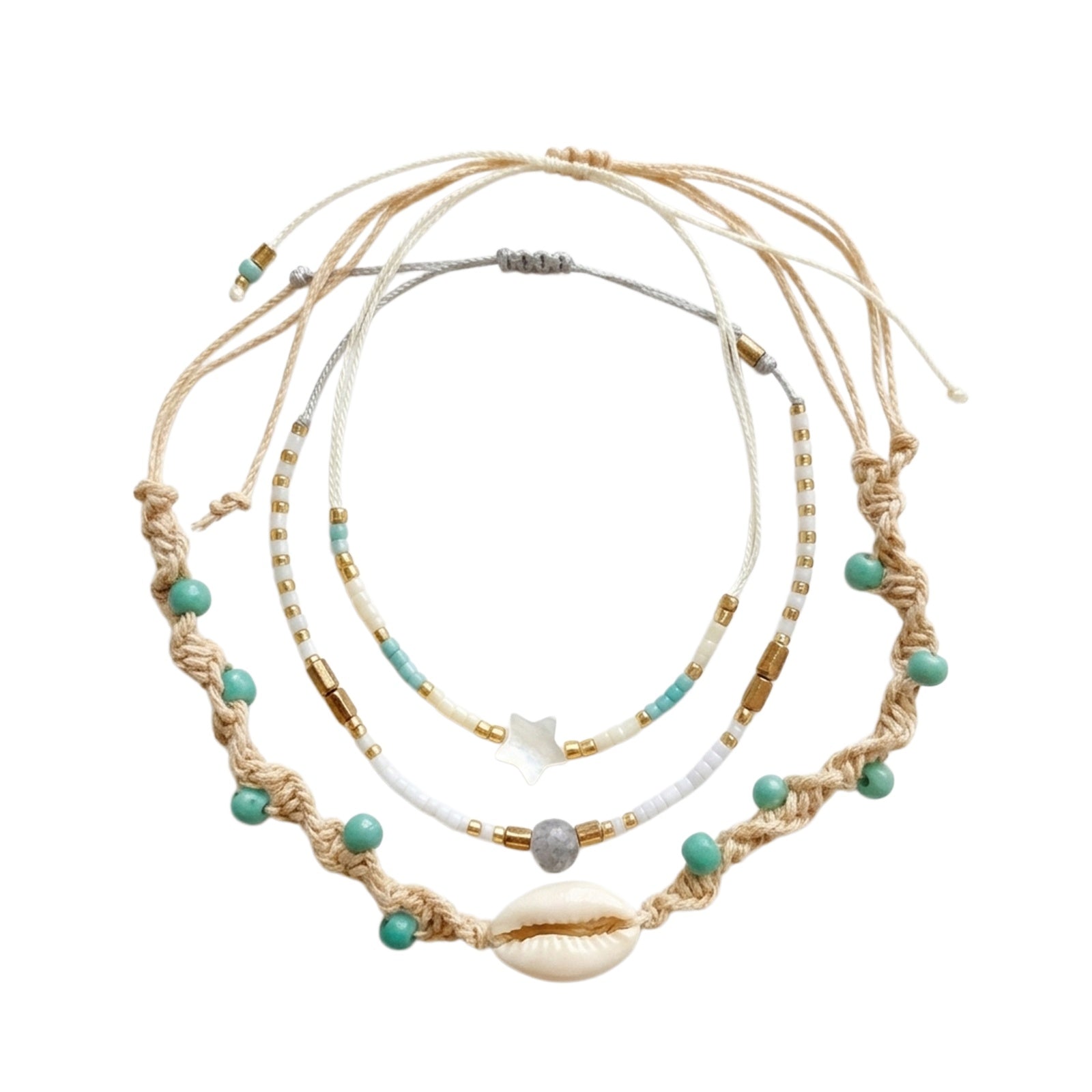 Beige braided three-piece bracelet set with adjustable pull cords | BRA587-01 | image 1