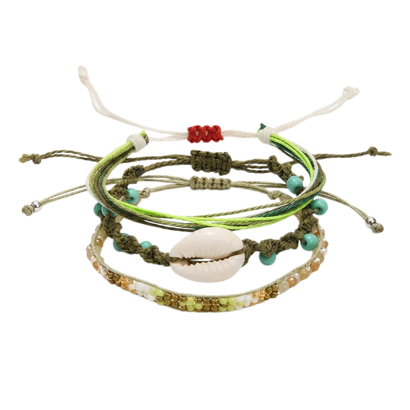Green braided three-piece bracelet set with adjustable pull cords | BRA589-01 | image 1