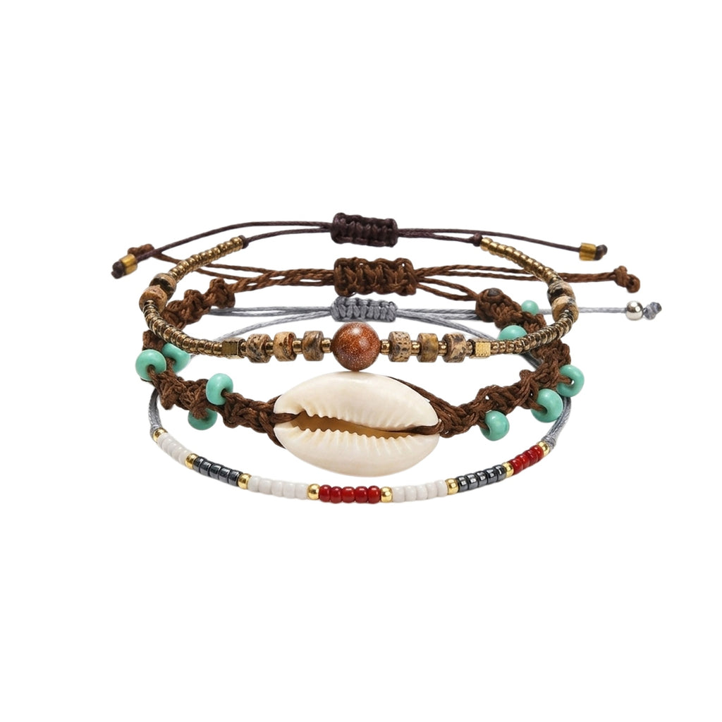 Brown braided three-piece bracelet set with adjustable pull cords | BRA591-01 | image 1