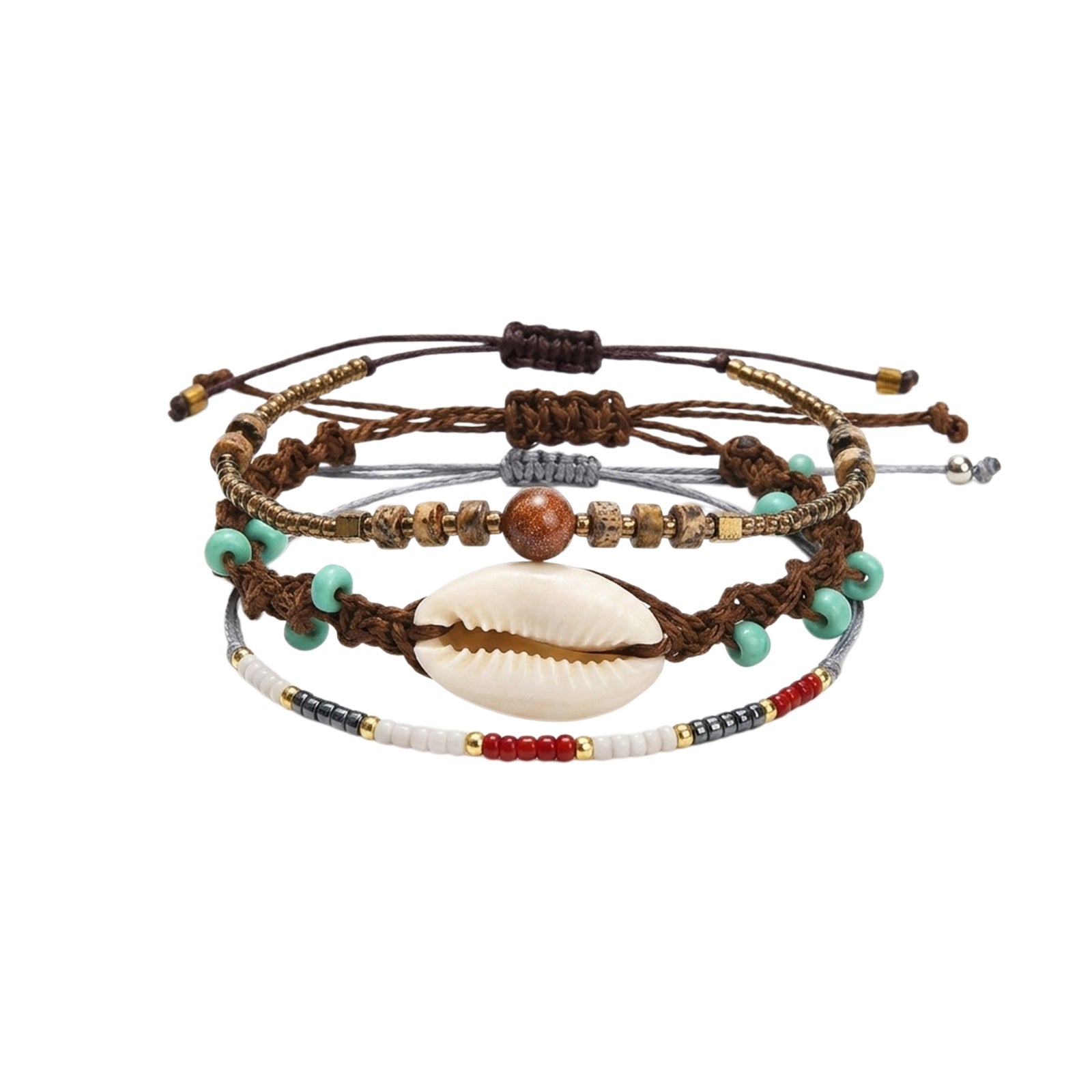 Brown braided three-piece bracelet set with adjustable pull cords | BRA591-01 | image 1
