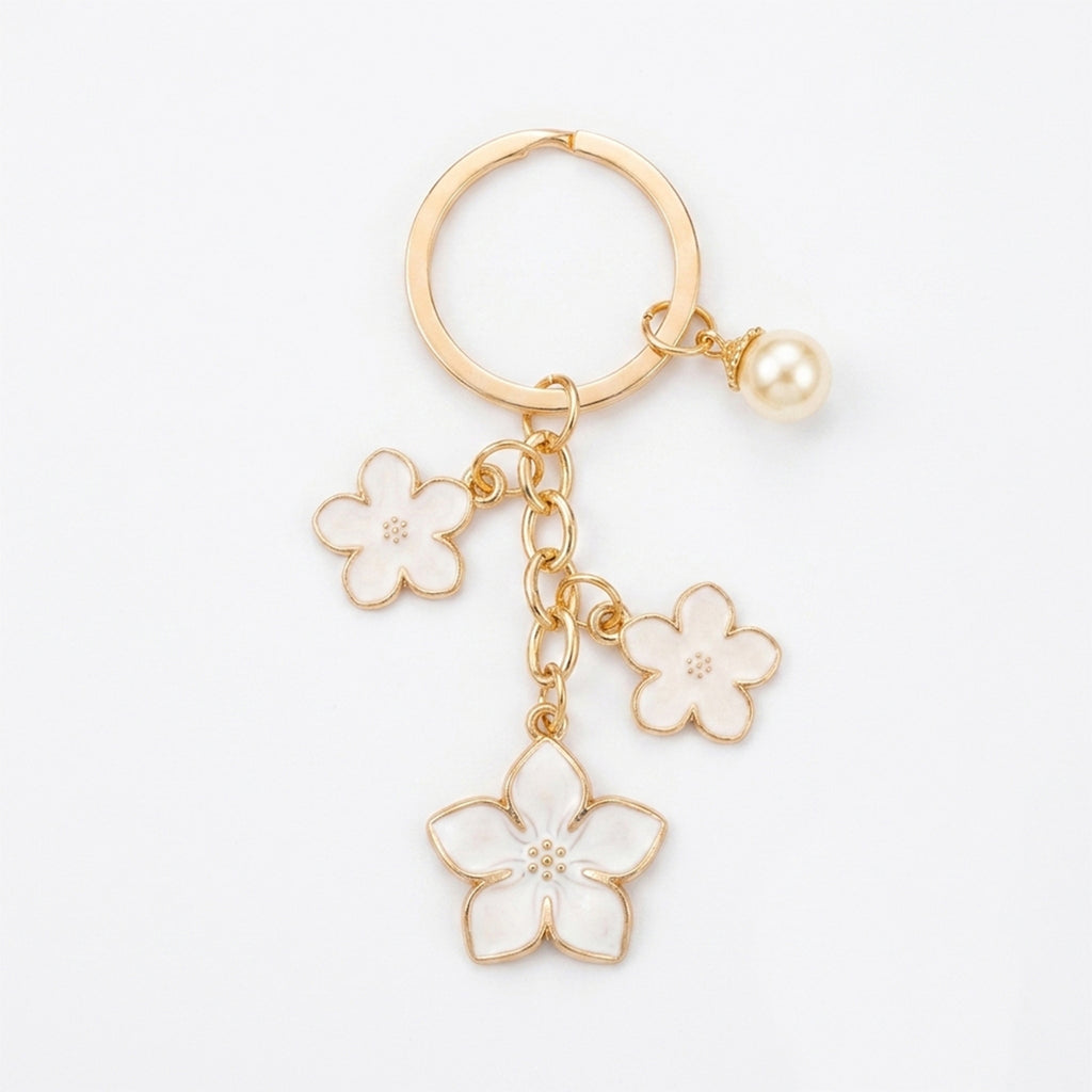 White cherry blossom keychain with pearl details