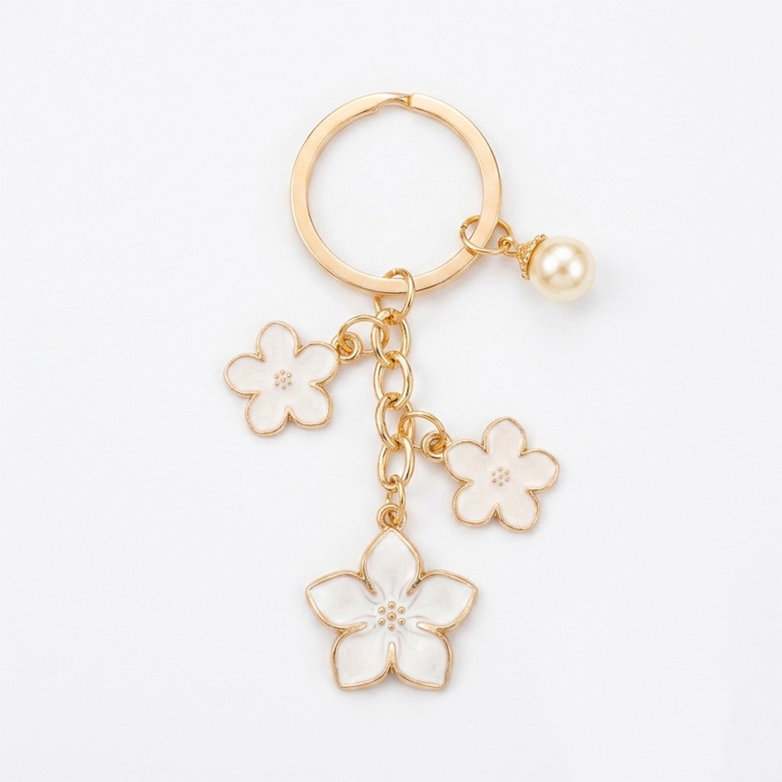 White cherry blossom keychain with pearl details