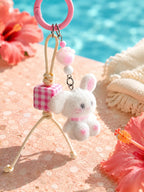 White flocked rabbit keychain and bag charm - detail view 1