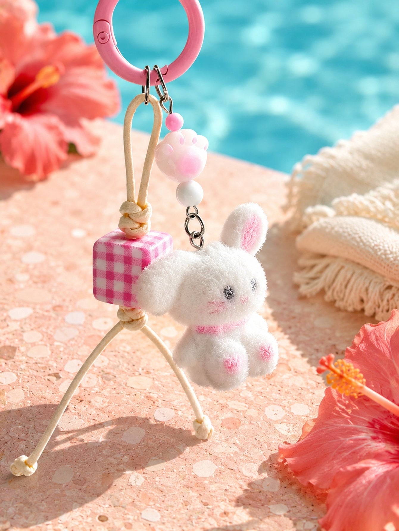 White flocked rabbit keychain and bag charm - detail view 1
