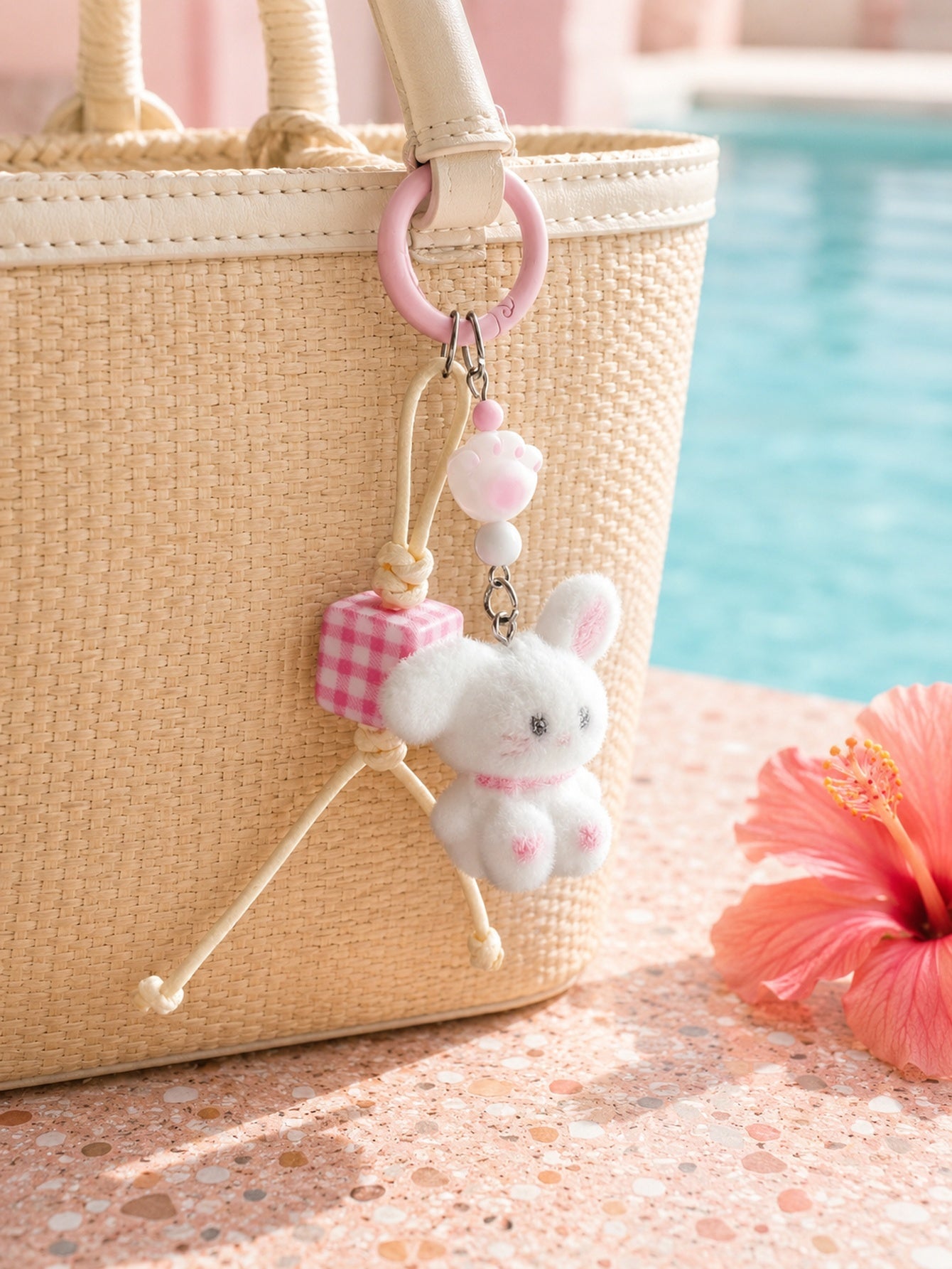 White flocked rabbit keychain and bag charm - detail view 3