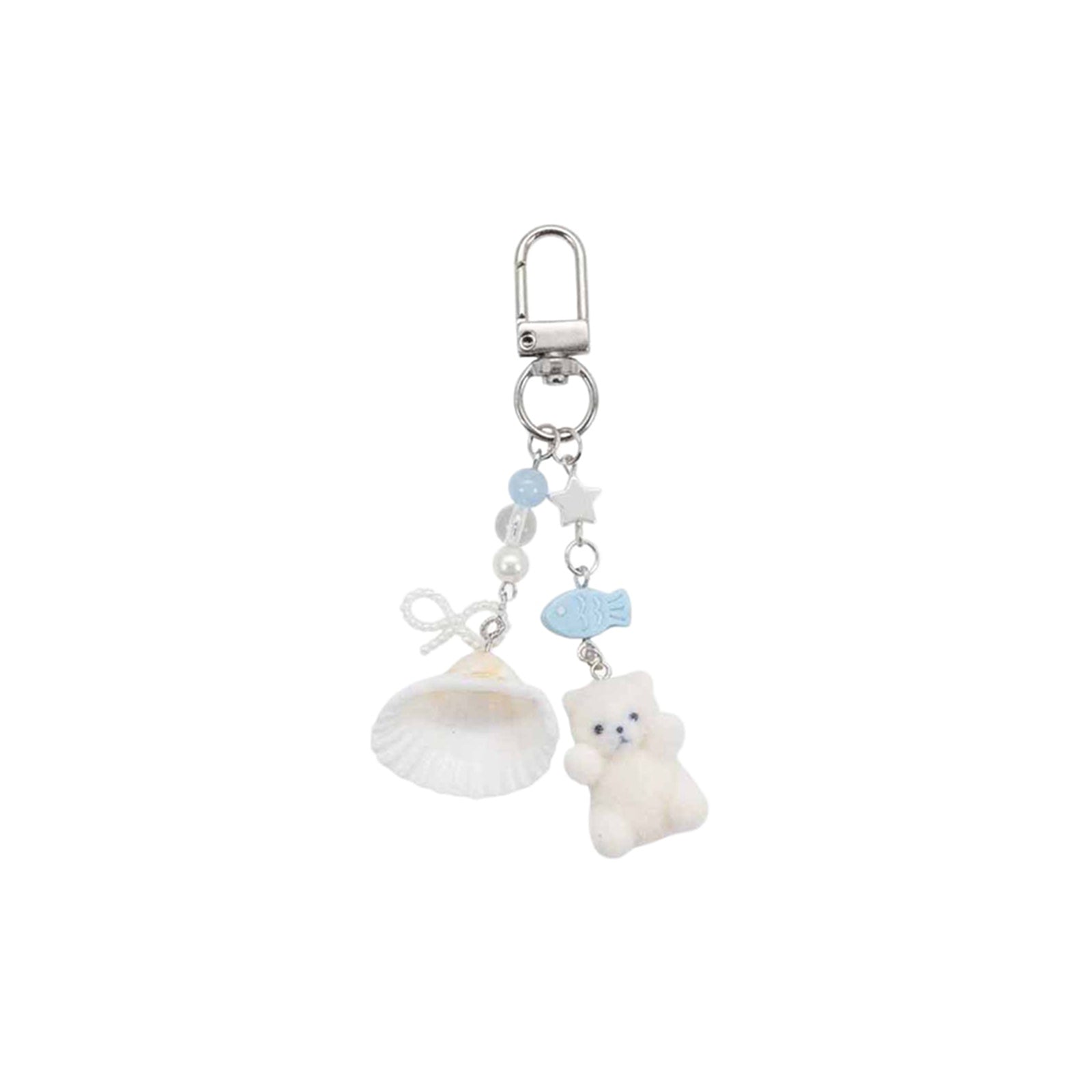 White flocked bear keychain with shell accent | KCA081-03 | image 1