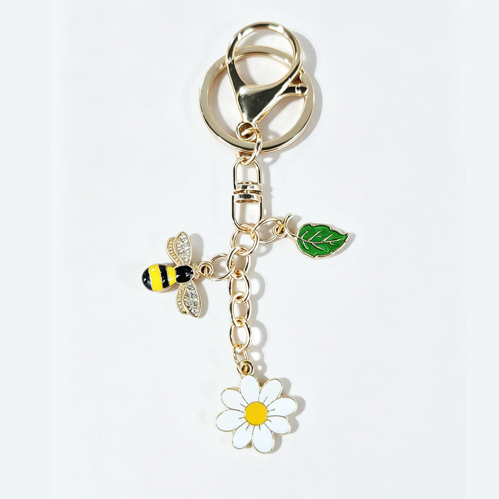 Gold-tone bee daisy leaf keychain accessory