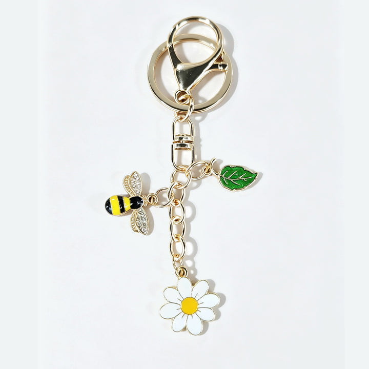 Gold-Tone Bee Daisy Leaf Keychain