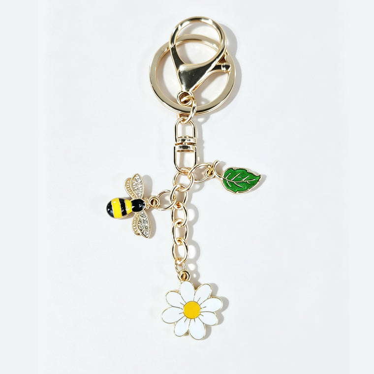 Gold-tone bee daisy leaf keychain accessory